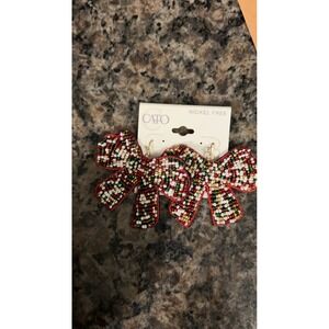 Cato Beaded Bow Earrings Red White Green Gold Holiday Christmas Festive Nickel